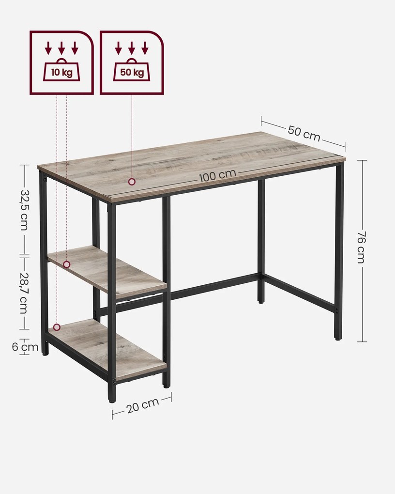 Secretária de escritório de design industrial com 2 prateleiras 50 x 100 x 75 cm greige-preto