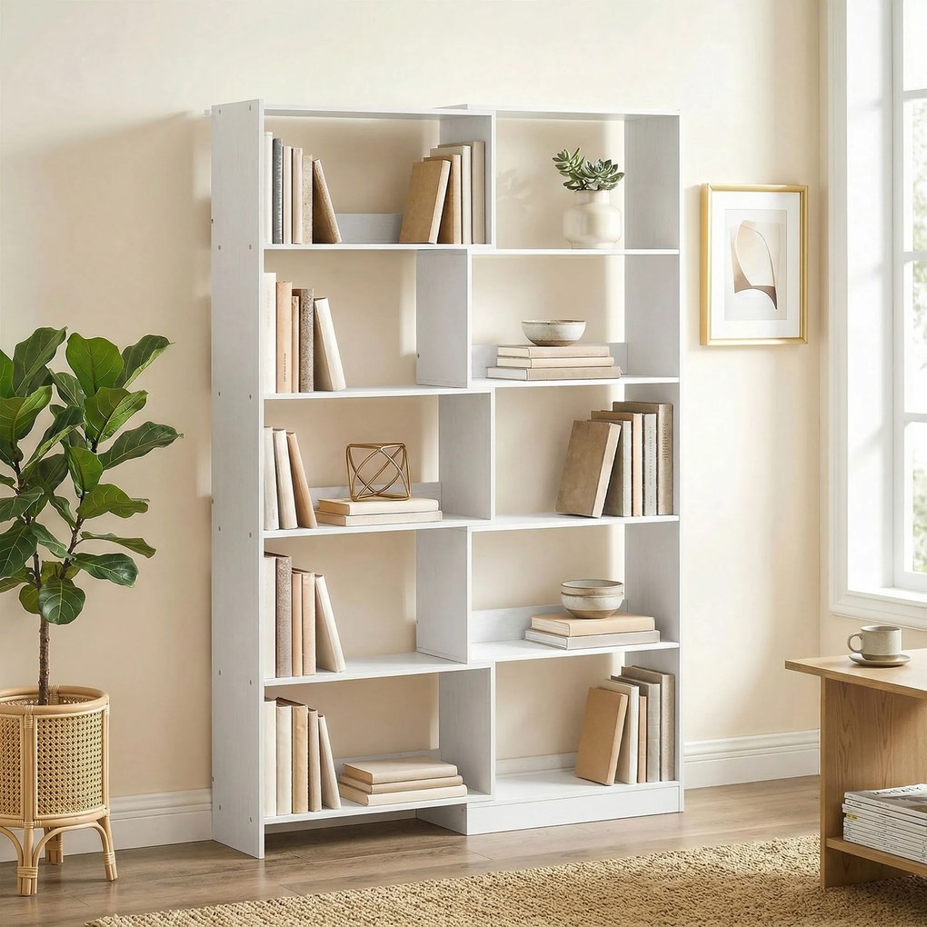 Estante Expansível 5 Níveis Estante para Livros Giratória 350° Largura Ajustável Convertível em L Reta ou Compacta 111,5x23,8x163,7 cm Branco