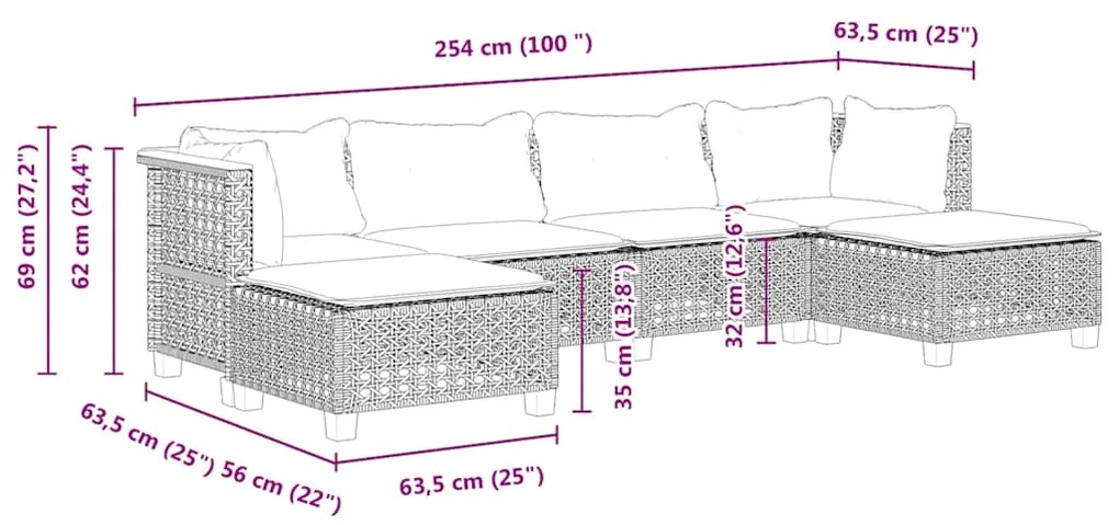 6 pcs conjunto de sofás p/ jardim com almofadões vime PE bege
