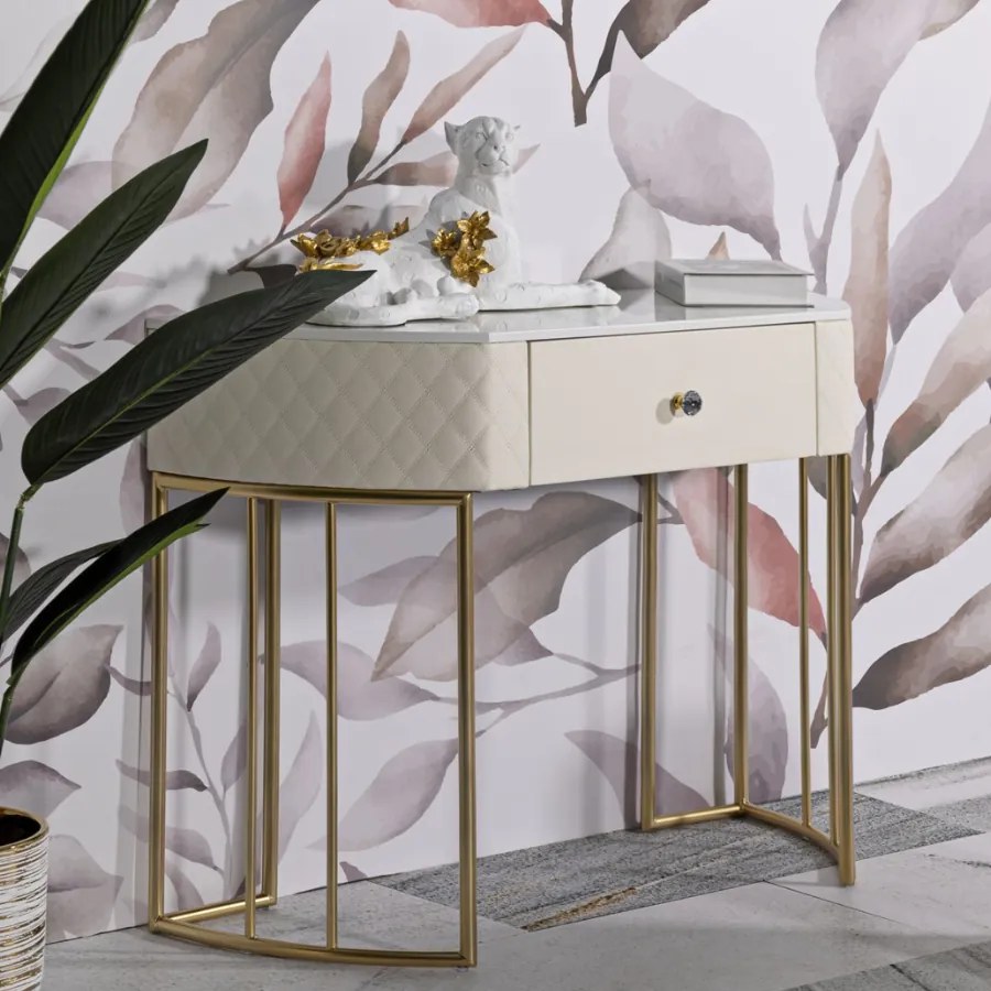 MESA CONSOLA SHARON 100X40X75 CM BRANCA E DOURADA