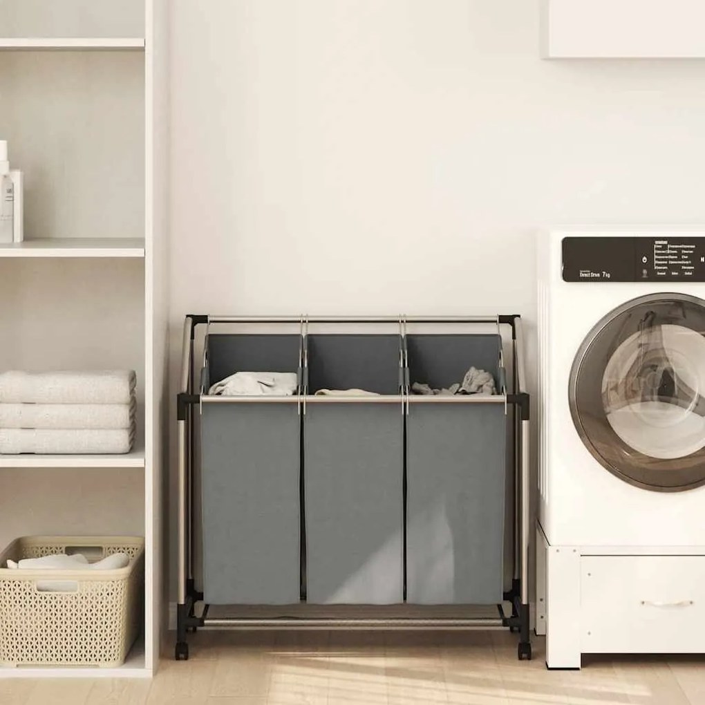 Cesto para roupa suja com rodas 3 compartimentos cinzento