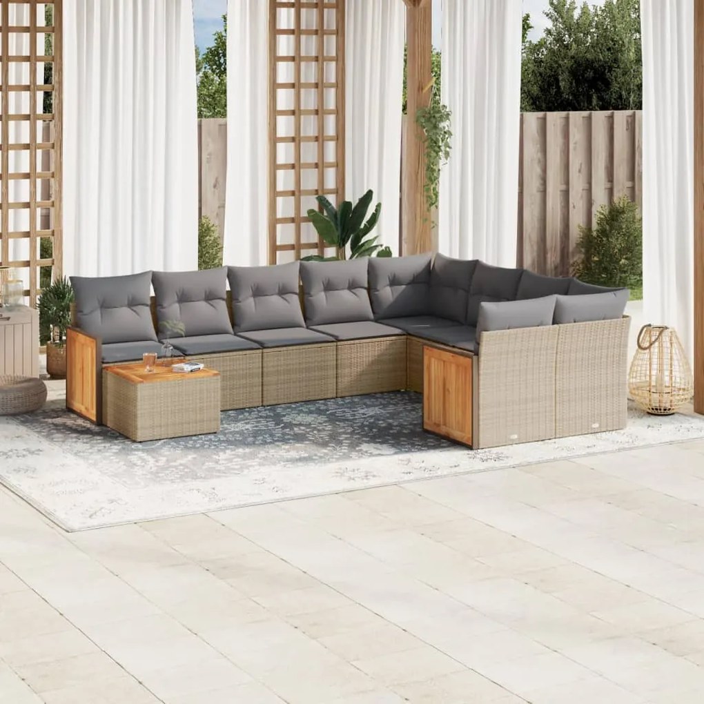 10 pcs conjunto de sofás p/ jardim com almofadões vime PE bege