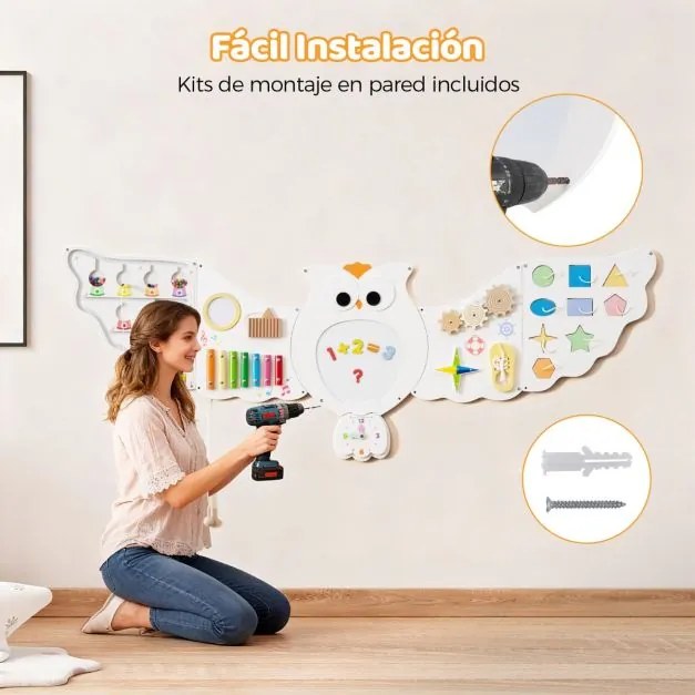 Painel de atividades de parede 11 em 1 em forma de coruja sensorial Montessori de madeira para crianças com mais de 3 anos Branco