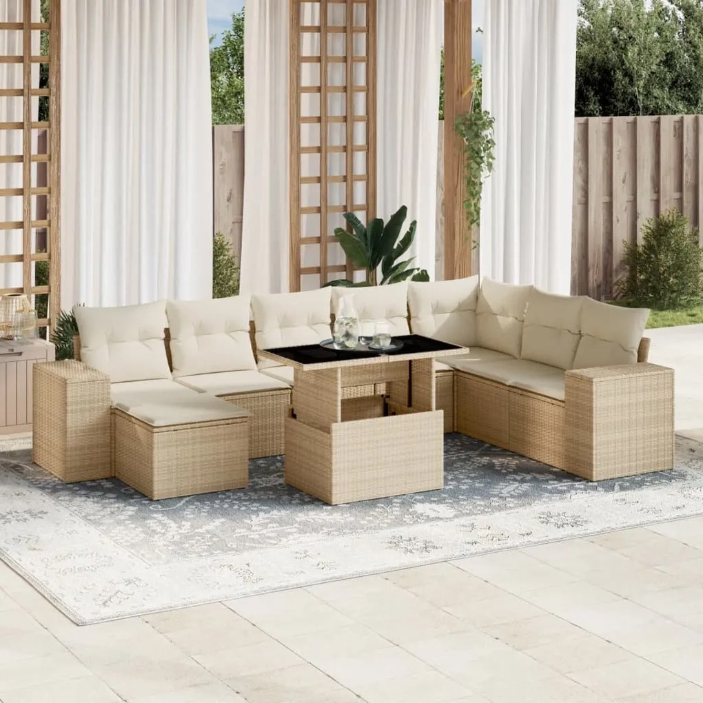 9 pcs conjunto de sofás p/ jardim com almofadões vime PE bege