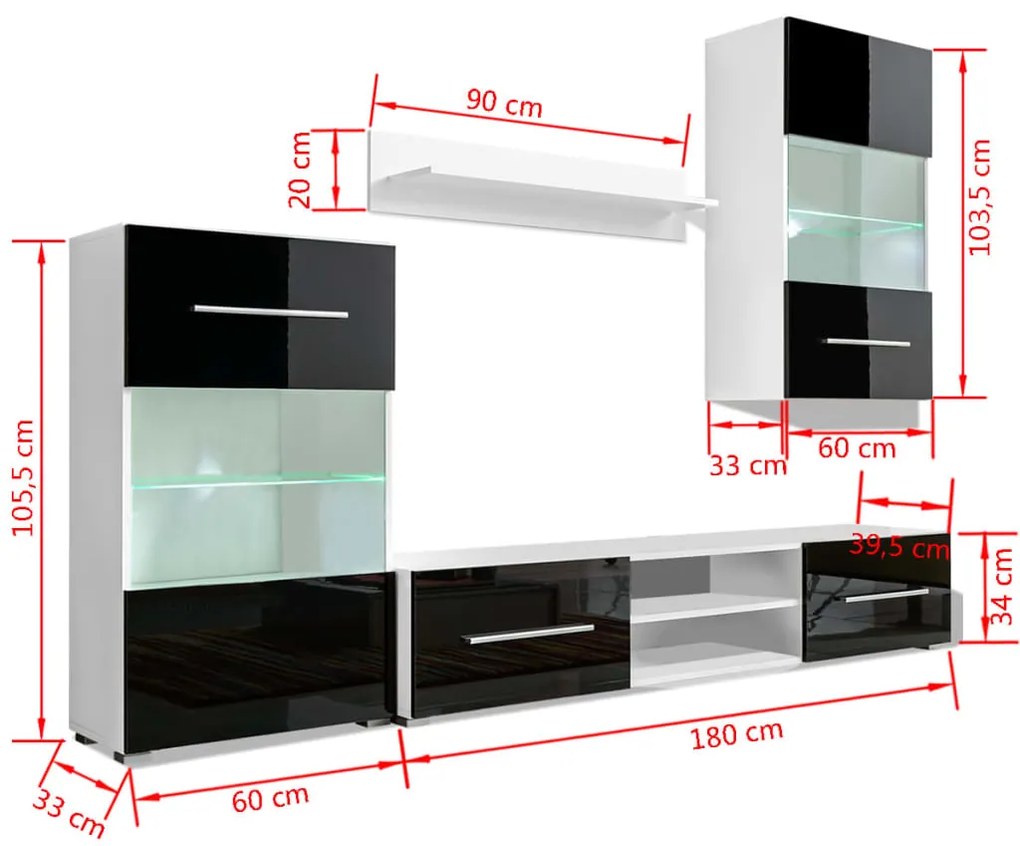 Armário TV de parede expositor com LED alto brilho, preto, 4 pcs