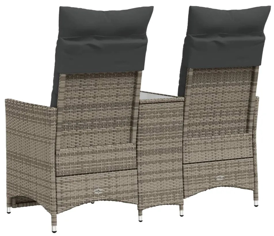 Sofá de jardim reclinável 2 lugares com mesa vime PE cinzento