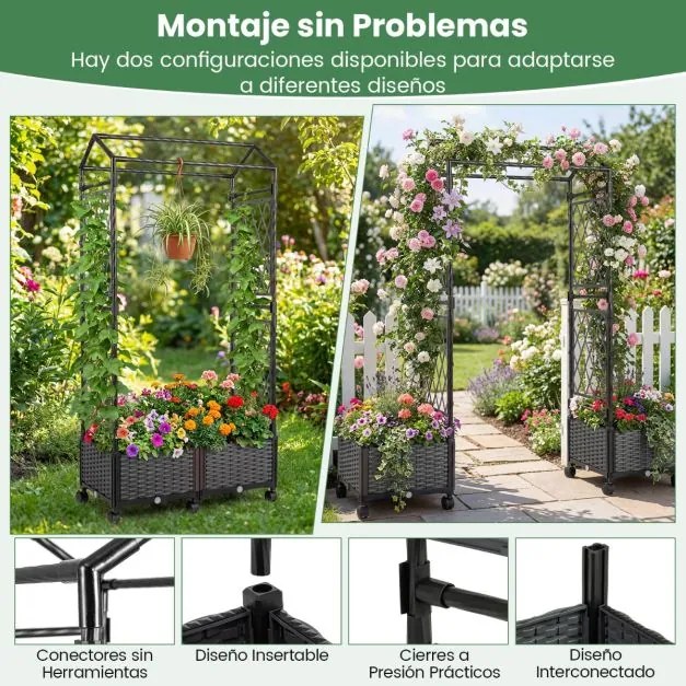 Floreira de jardim 81 x 40 x 162 cm com rega automática, com treliça e rodas bloqueáveis em rattan para plantas trepadeiras, tomates ou flores, cinza