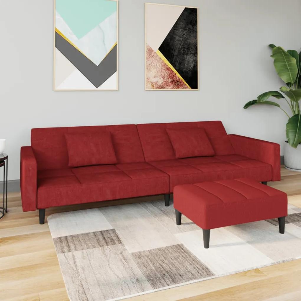 Sofá-cama 2 lug. c/ 2 almofadas/apoio pés veludo vermelho tinto