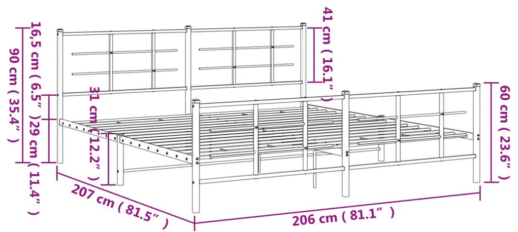Estrutura de cama com cabeceira e pés 200x200 cm metal branco