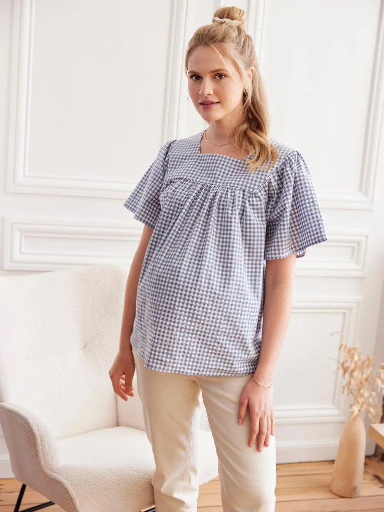 Agora -25% | Blusa aos quadrados vichy, para grávida azul-acinzentado