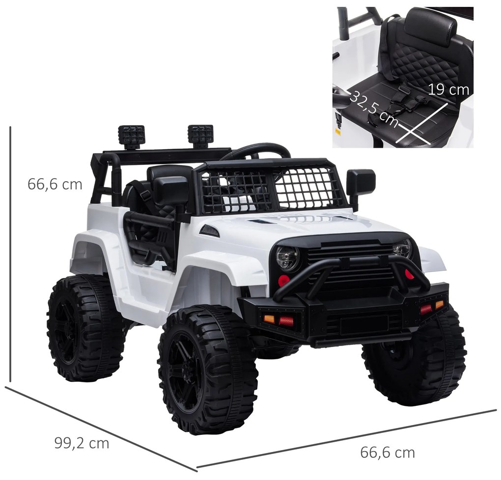 Carro Elétrico para Crianças acima de 3 anos Carro de Bateria 12V com 2 Motores Controle Remoto 2.4G Luzes Música MP3 e Rádio 99,2x66,6x66,6cm Branco
