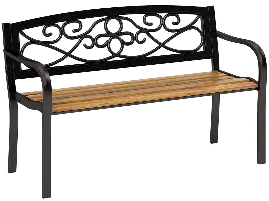 Outsunny Banco de Jardim de 2 Lugares Banco de Exterior com Assento de Madeira e Estrutura de Aço 127x56x80 cm Madeira e Preto