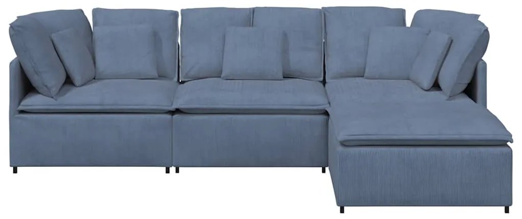 Sofá modular com pufes e almofadas tecido corduroy azul