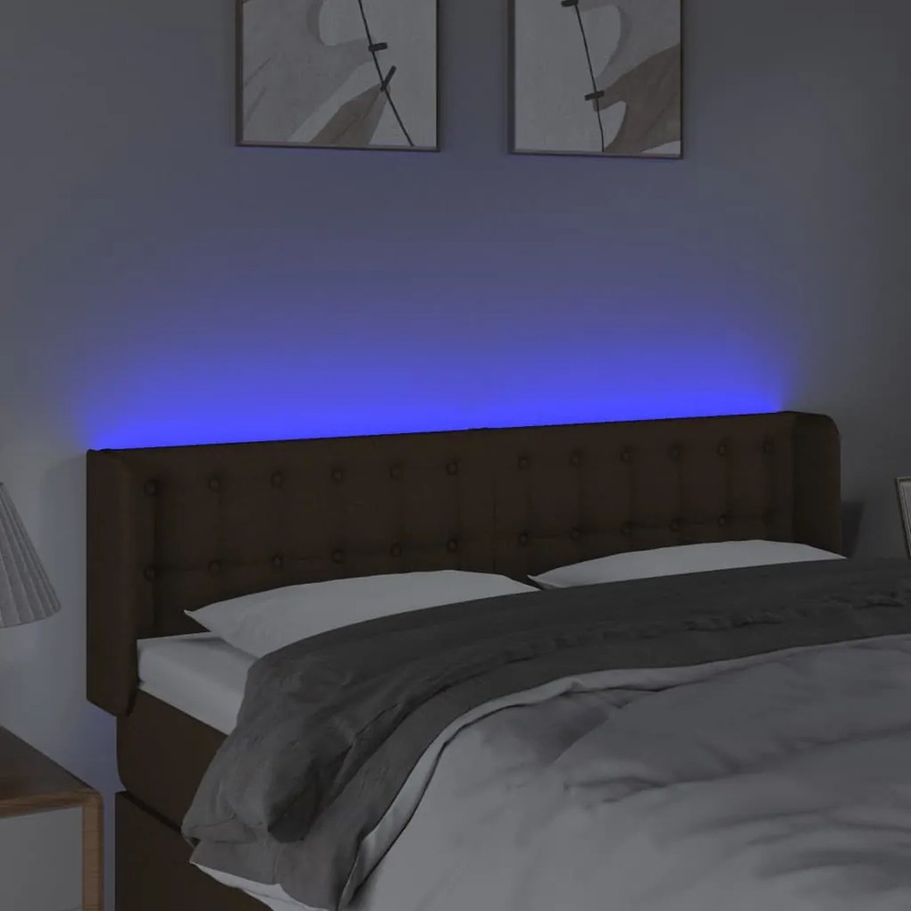 Cabeceira de cama c/ luzes LED tecido 147x16x78/88 cm castanho