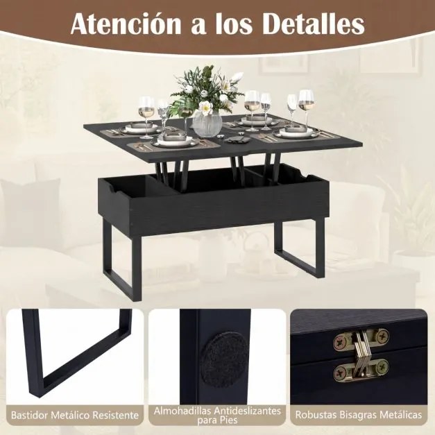 Mesa de centro conversível 3 em 1 com tampo elevável 100 x 50 x 49 cm e 3 compartimentos ocultos de madeira para sala de estar Preta