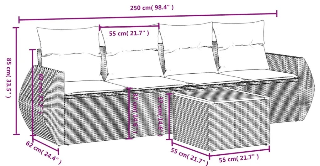 5 pcs conjunto de sofás p/ jardim com almofadões vime PE bege