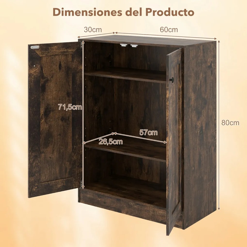 Armário de armazenamento 60 x 30 x 80 cm com portas e prateleiras ajustáveis Castanho