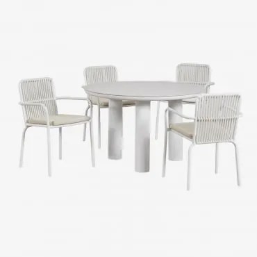 Conjunto De Mesa Redonda Arken, Ø120, Em Cerâmica E Alumínio, E 4 Cadeiras De Jantar Em Alumínio Alberta Com Braços. Crema - Sklum