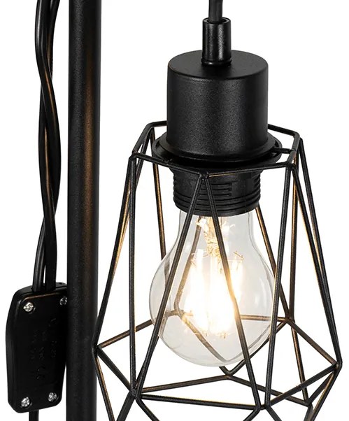 Candeeiro de pé rústico preto com madeira 2-luzes com cúpula - Dami Frame Rústico