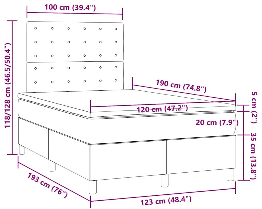 Cama box spring c/ colchão e LED 120x190 cm tecido preto