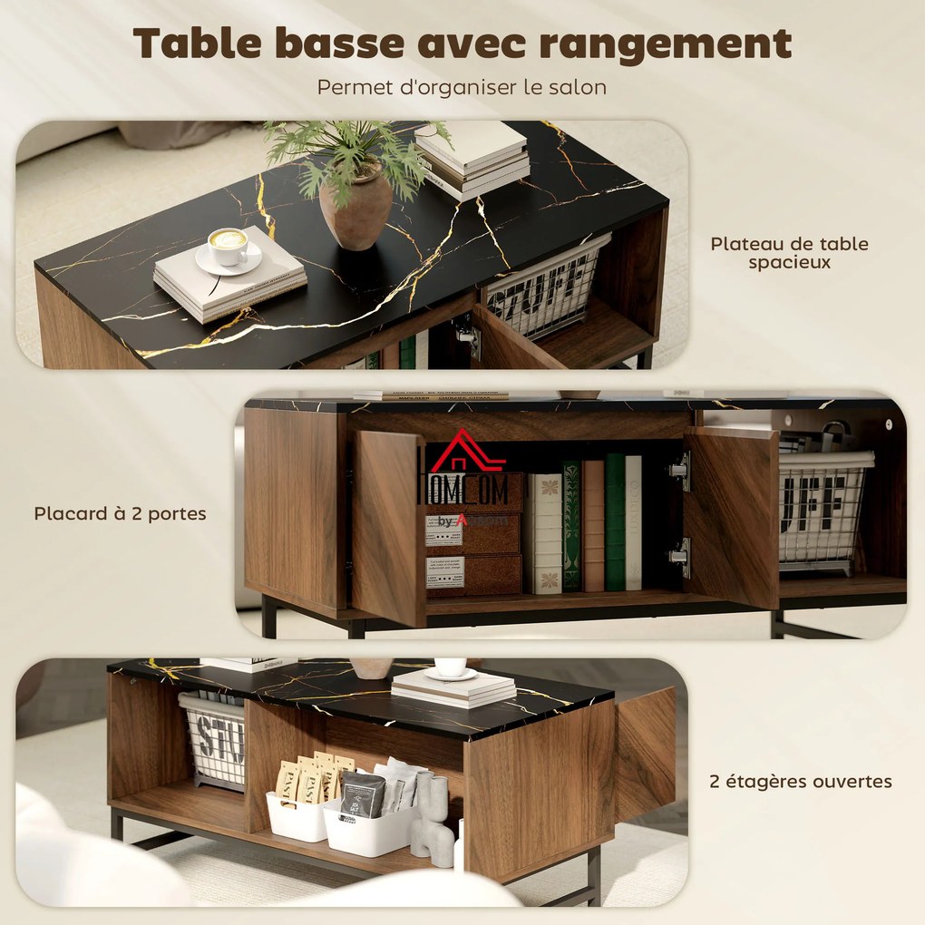 Mesa de centro, mesa de sala, tampo com efeito de mármore, 2 portas e 2 compartimentos abertos, 100 x 50,8 x 45,7 cm, cor nogueira