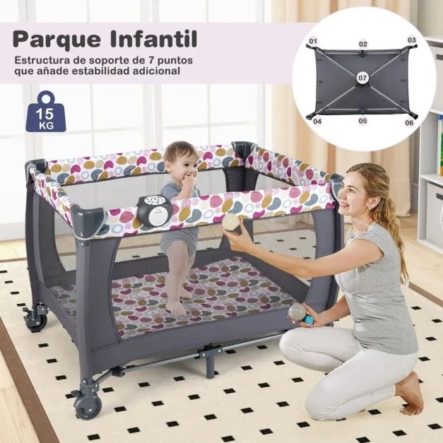 Berço dobrável e portátil Parque infantil com berço de balanço e trocador Barra de brinquedos Caixa de música e bolsa de transporte