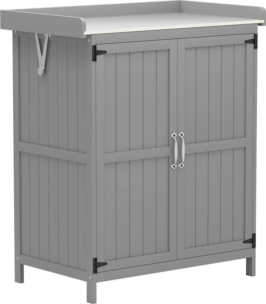Outsunny Armário de Jardim em Madeira Abrigo de Jardim com 2 Portas Teto com Dobradiças e Prateleira 74x43x88 cm Cinza | Aosom Portugal