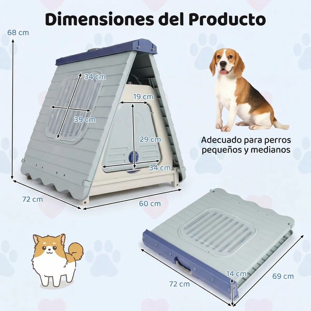 Casota para caes dobrável de plástico impermeável para cães 72 x 60 x 68 cm, com porta com aba e fecho, janelas, portátil, para interior e exterior, p