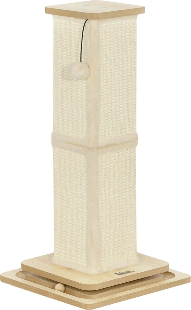 PawHut Arranhador 3-in-1 com pista de jogo, bola de brincar, sisal, até 5 kg, 34 x 34 x 67 cm, Carvalho/Creme | Aosom Portugal