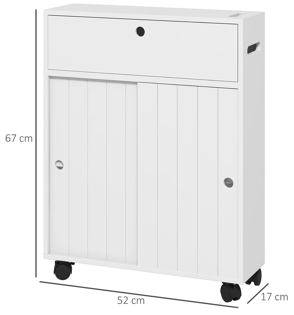 Armário Auxiliar Casa de Banho com 4 Rodas 2 Compartimentos para Papel Higiénico Prateleiras Ajustáveis 52x17x67 cm Branco