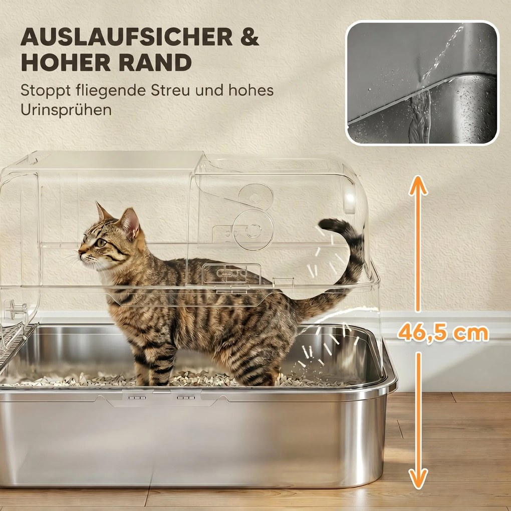 Caixa de Areia para Gatos XXL em Aço Inoxidável com Tampa Basculante, Laterais Altas, Entrada Superior, Pá, Preto