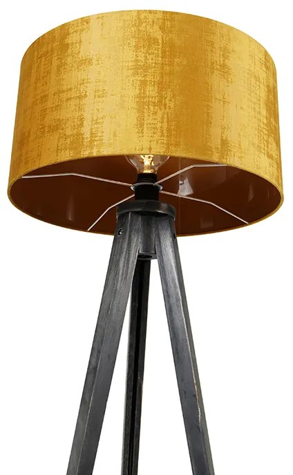 Candeeiro de pé tripé preto com cúpula dourada 50 cm - Tripod Classic Moderno
