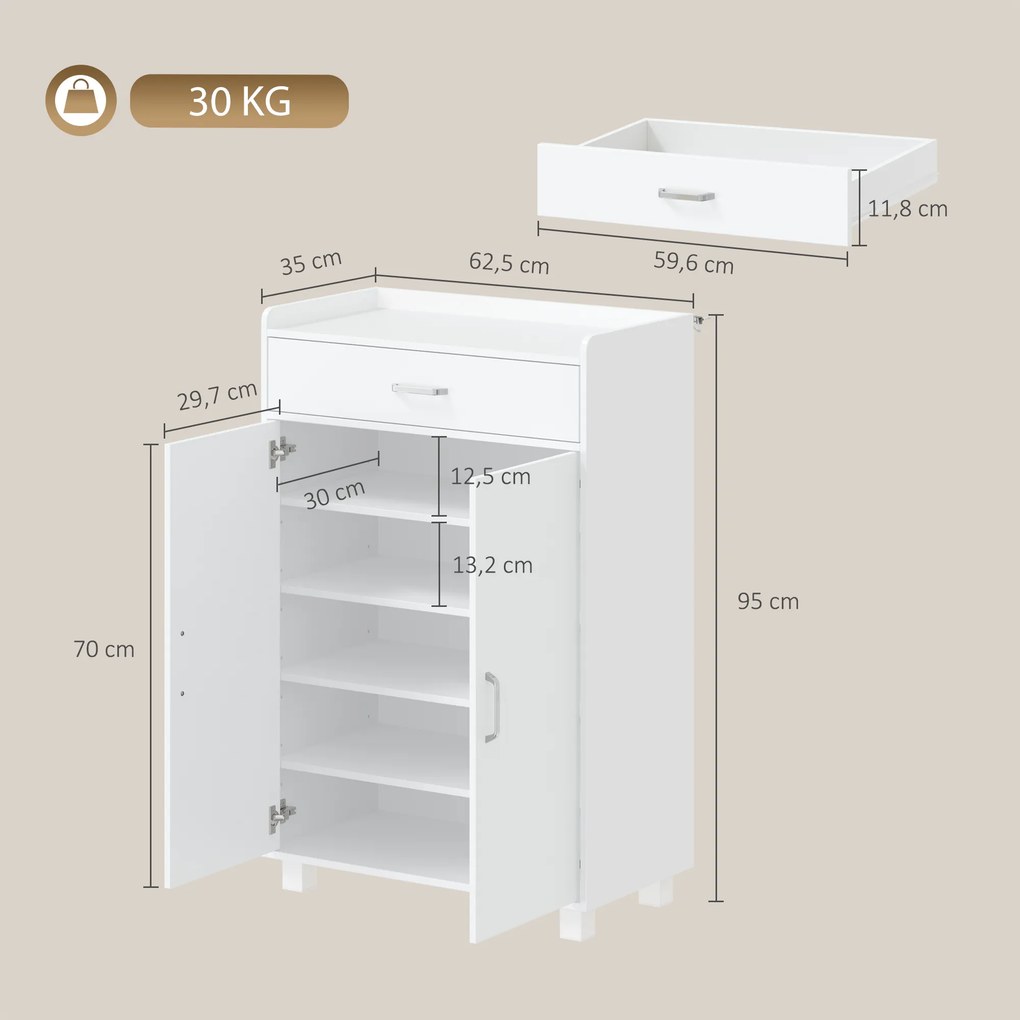 Sapateira com Prateleiras Ajustáveis Gaveta e Portas 62,5 x 35 x 95 cm para 6 Pares Branco