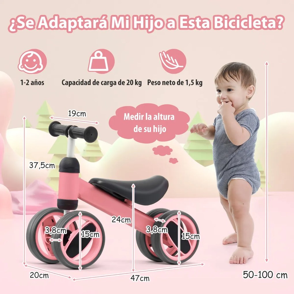 Bicicleta infantil para crianças de 1 a 2 anos Bicicleta infantil de 4 rodas com direção limitada sem pedais 47 x 20 x 37,5 cm Rosa