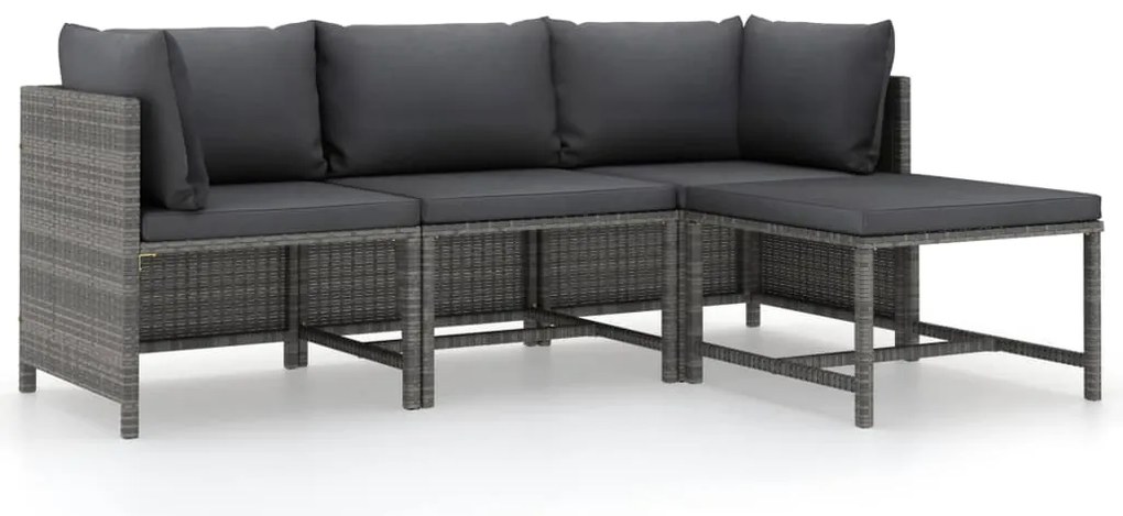 4 pcs conjunto lounge de jardim c/ almofadões vime PE cinzento