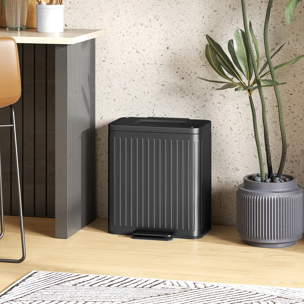 Caixote do lixo com dois compartimentos de 2 x 20 L, 45,5 x 36,5 x 51 cm com pedal, baldes interiores removíveis, preto