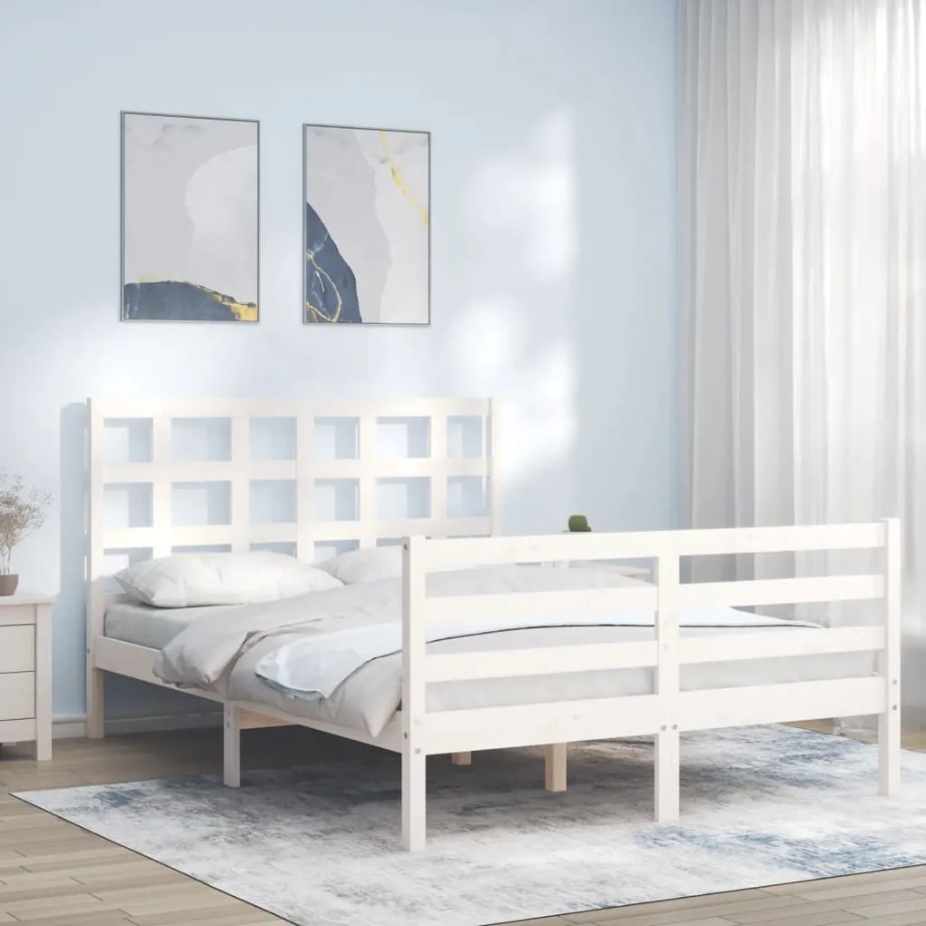 vidaXL Estrutura de cama de casal c/ cabeceira madeira maciça branco