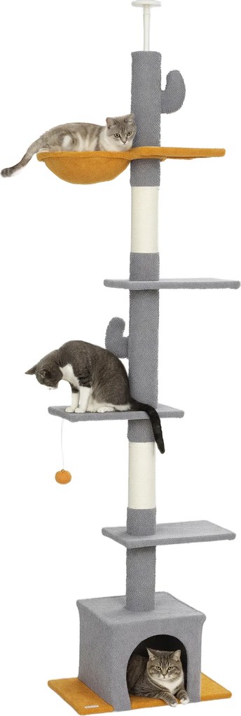Arranhador para gatos, altura 275 cm, 6 níveis para gatos de interior, do chão ao teto, com plataformas e compartimentos abertos, cinzento claro