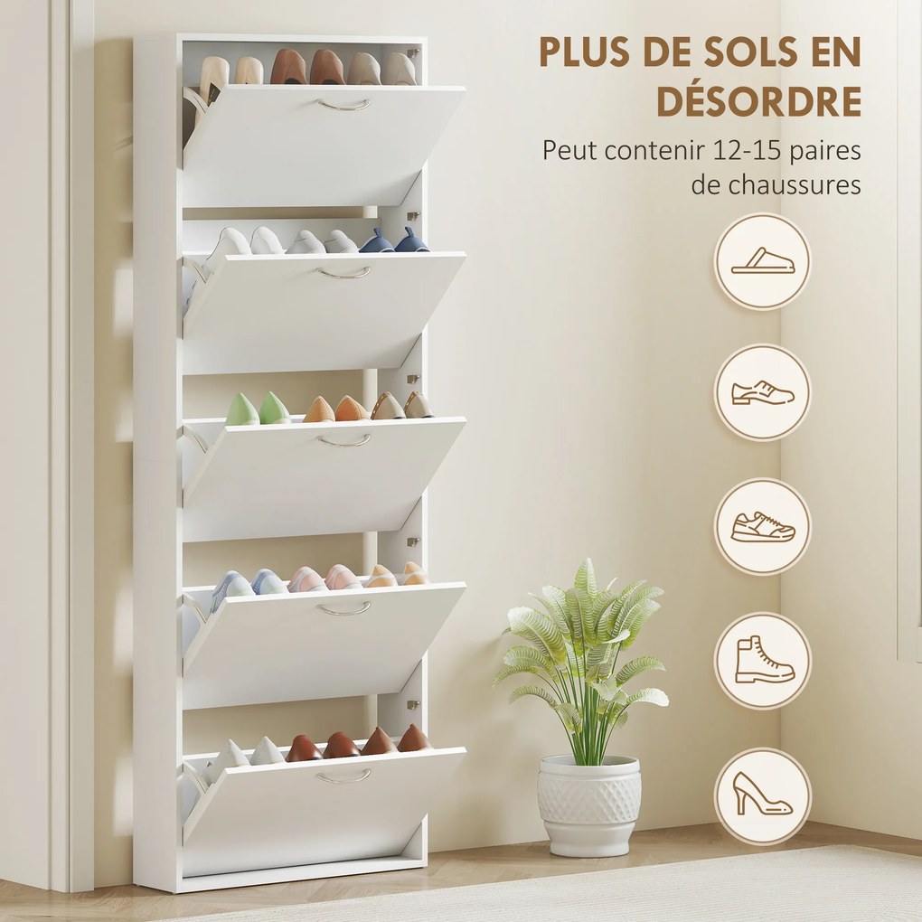 Sapateieira com capacidade para 15 pares, armário para sapatos moderno e estreito com 5 gavetas rebatíveis, 65 x 17 x 180,5 cm, branco