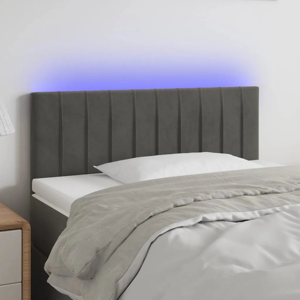 Cabeceira de cama c/luzes LED veludo 100x5x78/88cm cinza-escuro