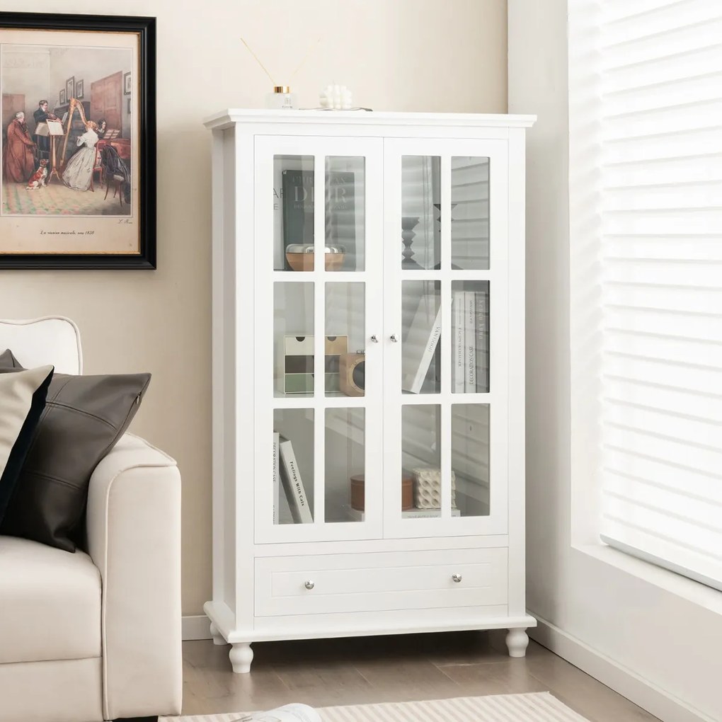 Estante arrumação com portas de vidro temperado e estante ajustável para escritório e sala de estar 80 x 40 x 139 cm Branco