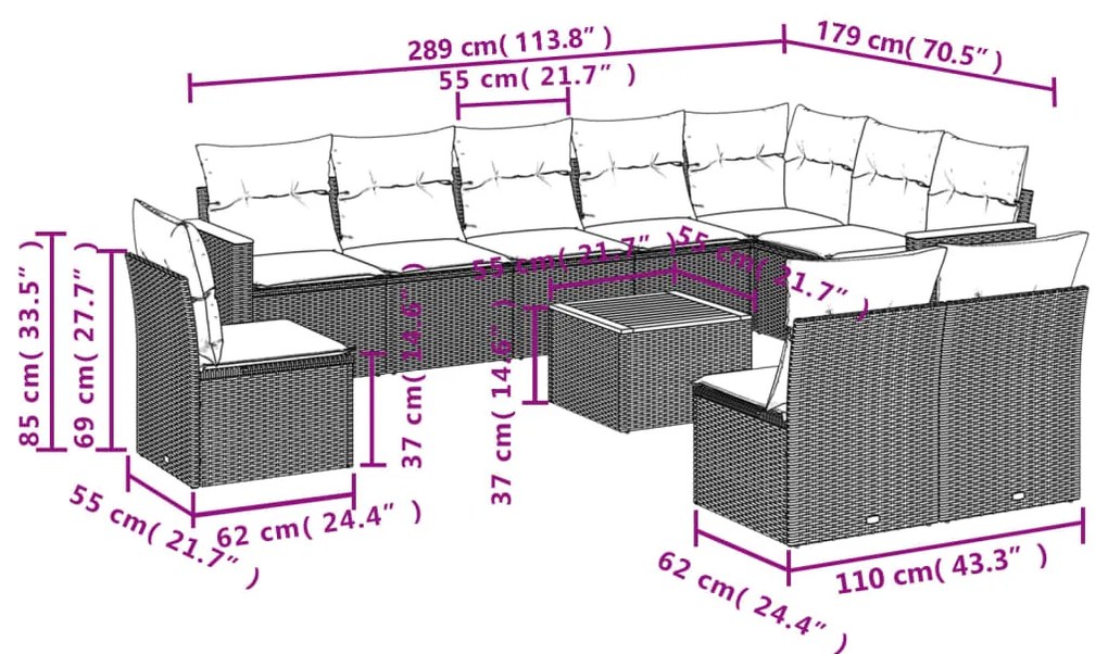 11 pcs conjunto sofás de jardim c/ almofadões vime PE cinzento