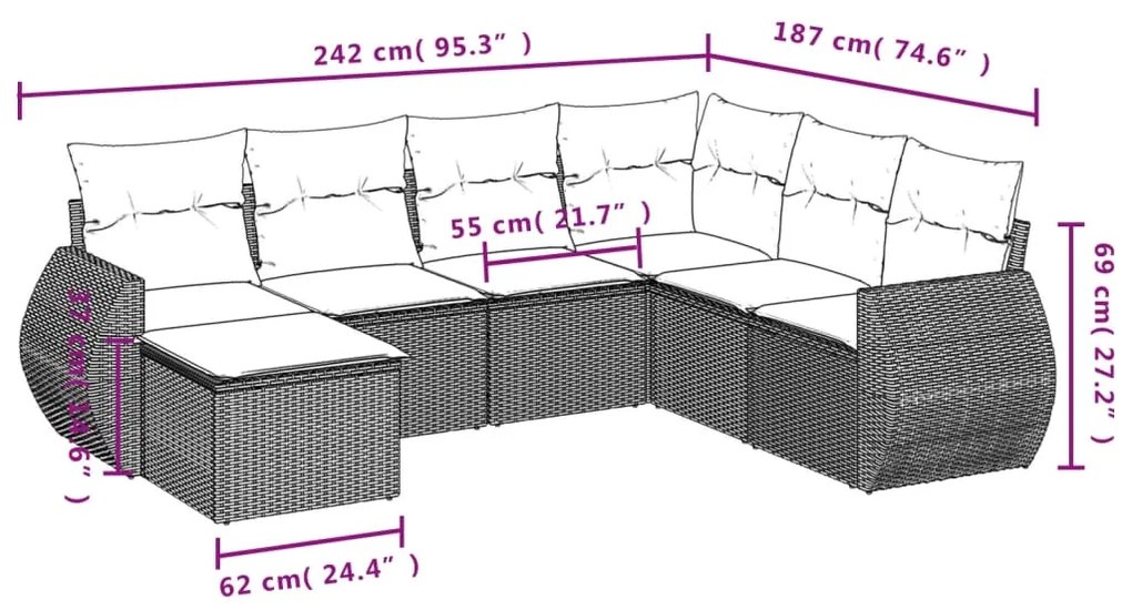 7 pcs conjunto de sofás p/ jardim c/ almofadões vime PE preto