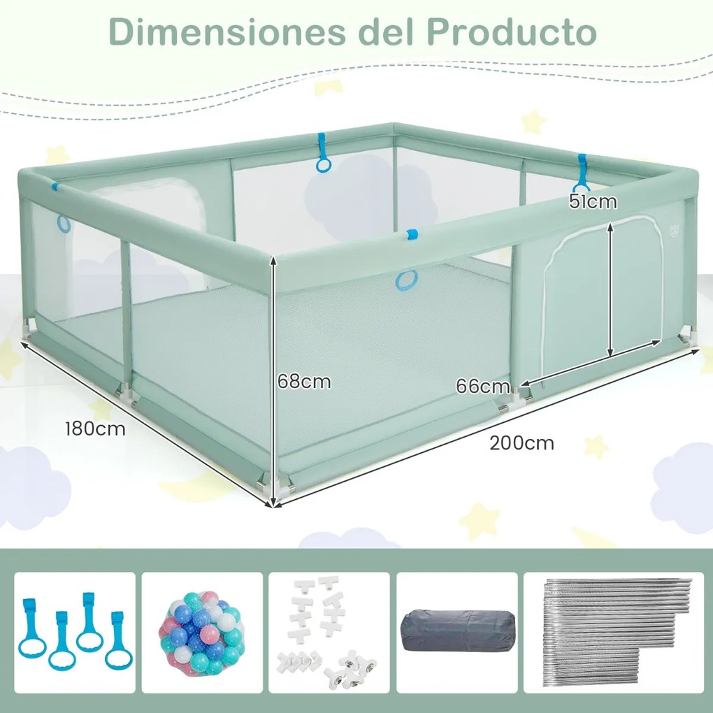 Parque infantil bebés com malha respirável Bolas macias Base antiderrapante 200 x 180 x 68 cm Verde