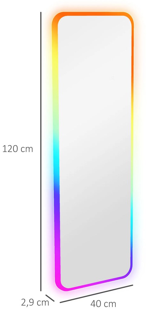 Espelho de Corpo Inteiro com Luzes LED 120x40 cm Espelho de Parede com Iluminação em 7 Cores RGB e Função de Memória Prata