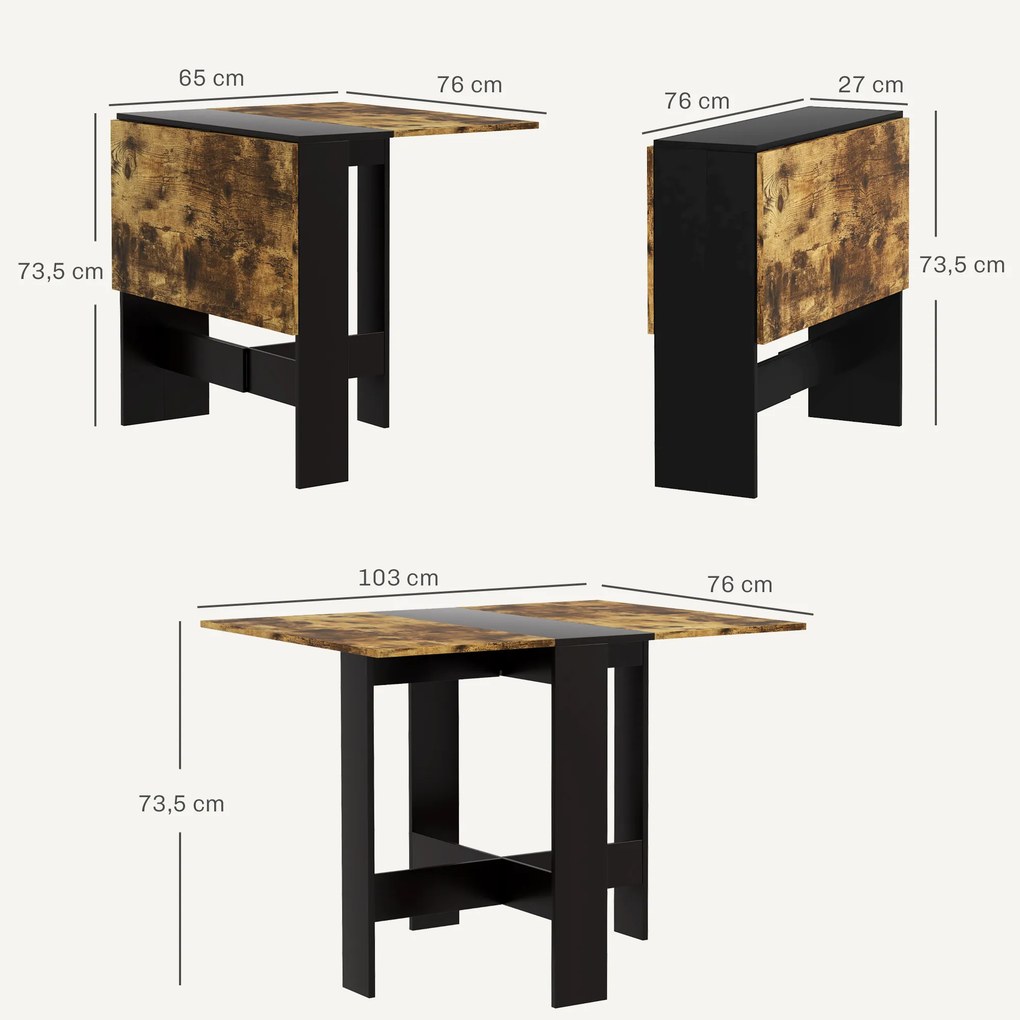 Mesa Dobrável de Jantar e Cozinha (CADEIRAS NÃO INCLUIDAS) com Abas Rebatíveis para Espaços Pequenos 103x76x73,5 cm Preto e Castanho Rústico