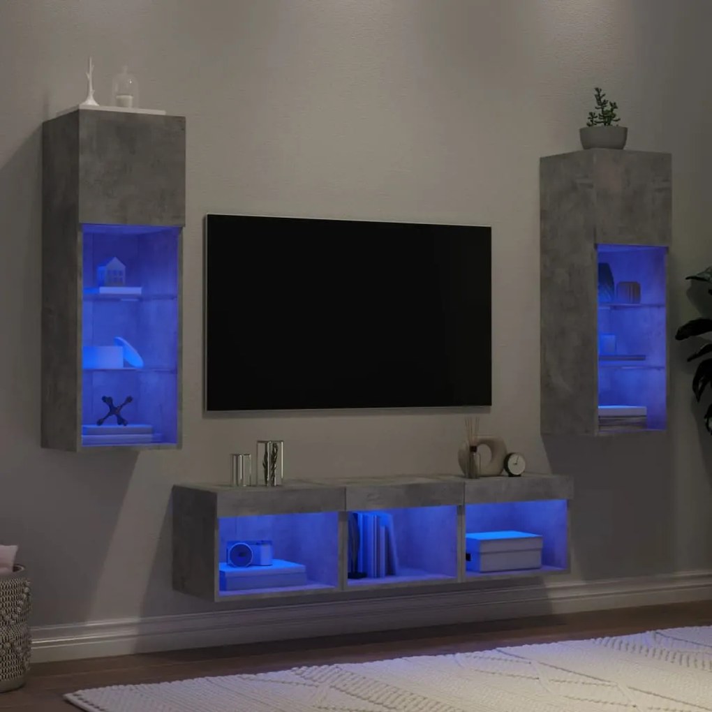 vidaXL 5 pcs móveis parede p/ TV c/ LEDs deriv. madeira cinza cimento