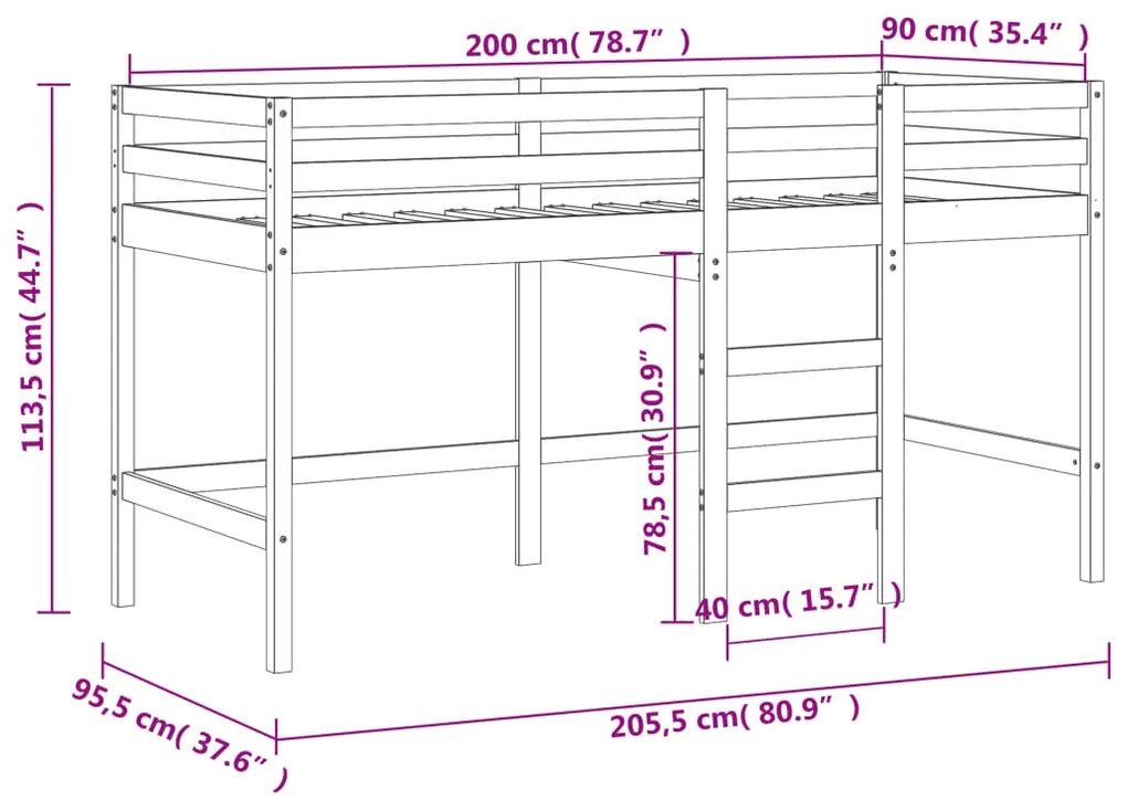 Cama alta p/ criança c/ escada 90x200 cm pinho maciço branco