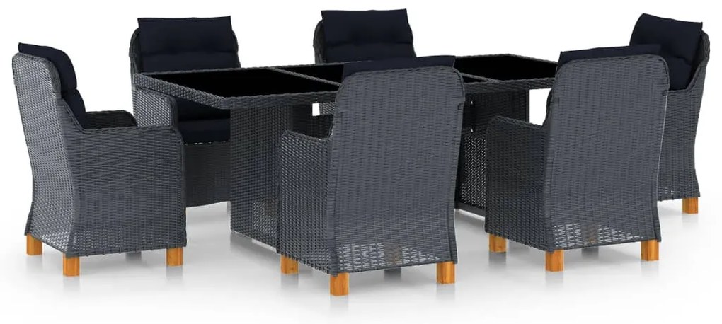 7 pcs conj. jantar exterior c/ almofadões vime PE cinza-escuro