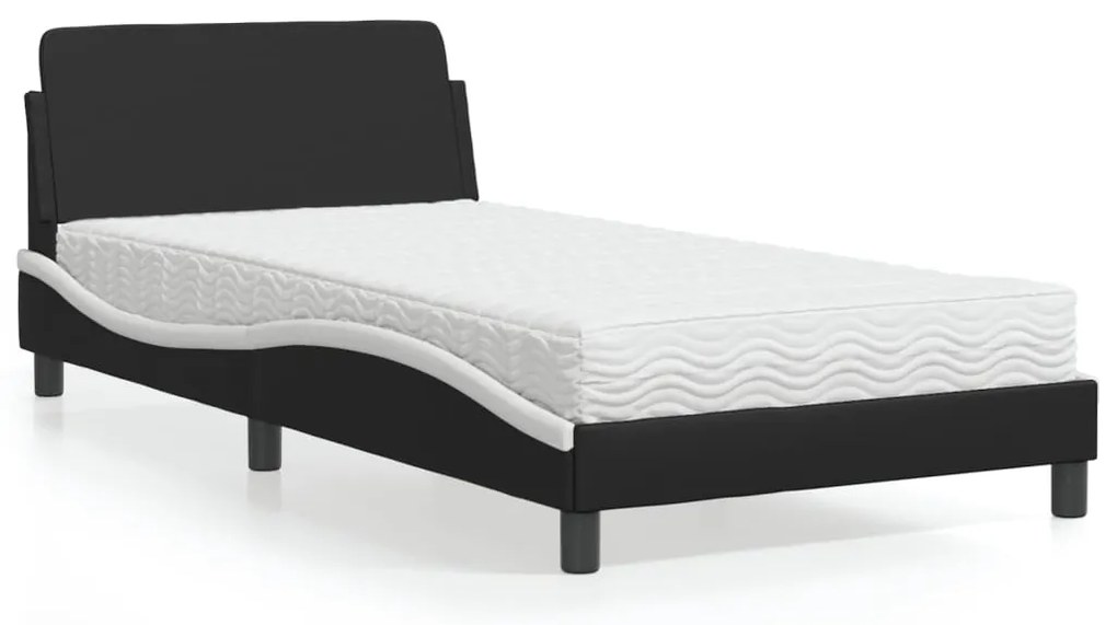 Cama com colchão 100x200 cm couro artificial preto e branco